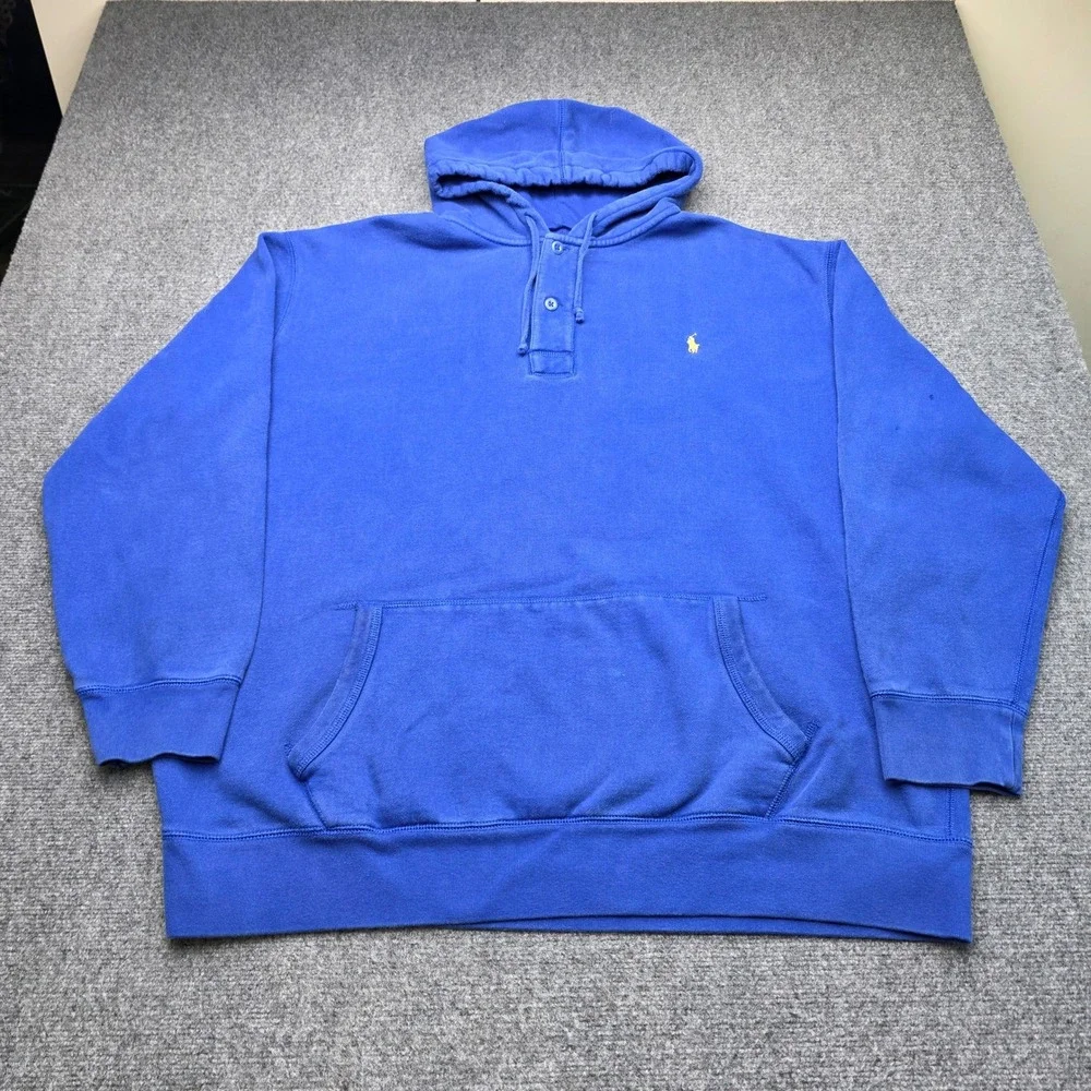 Polo Ralph Lauren Mens 4XLT Tall Blue Henley Button Hoodie Sweatshirt Pony Logo